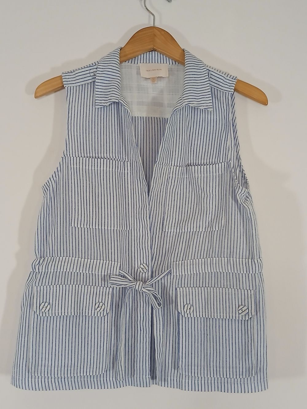Skies Are Blue White Top with Blue Pinstripes